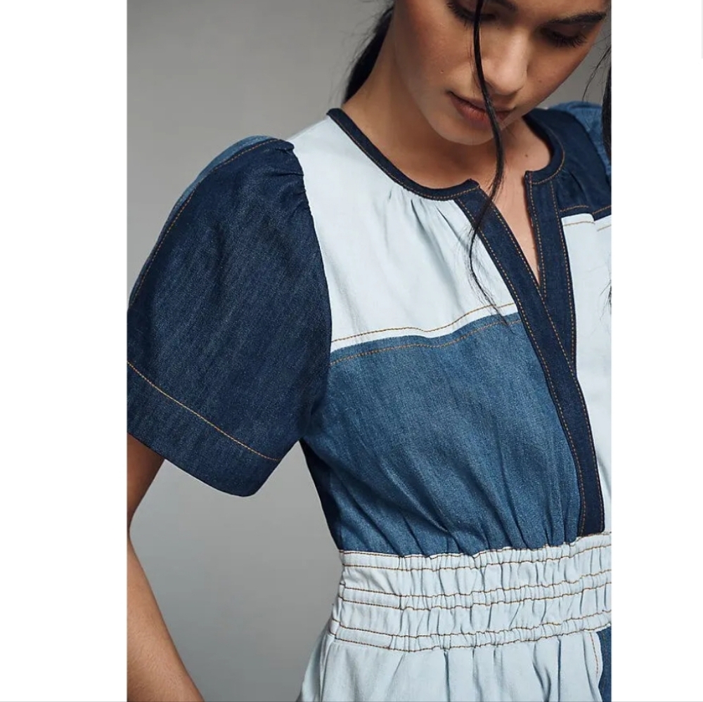 Anthropologie | The Somerset Demin Blue Patchwork Dress Medium - Picture 4 of 16